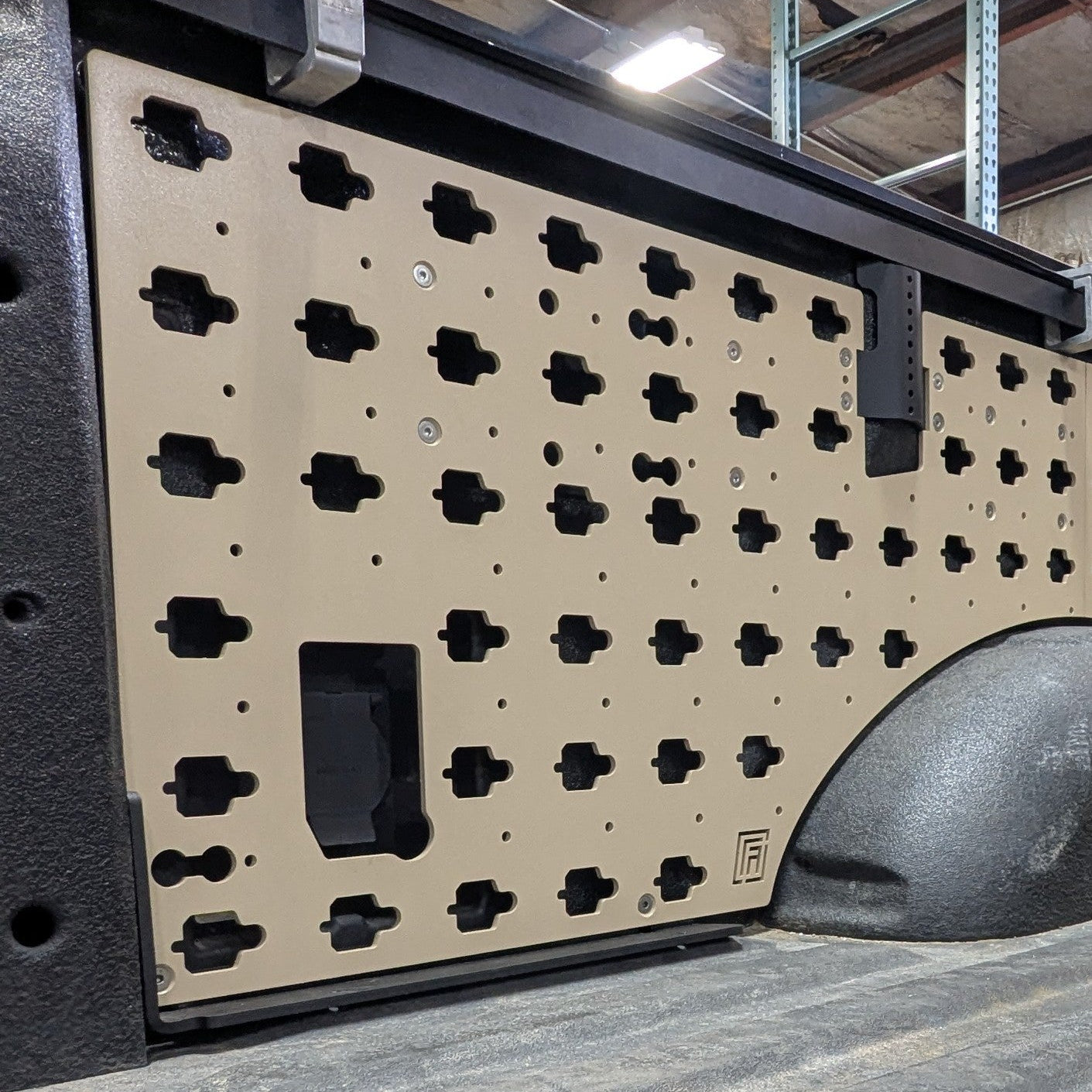 Forged Authority Tan MOBUL F-150 Rear Side Panel, used to securely store tools and gear in your truck bed.