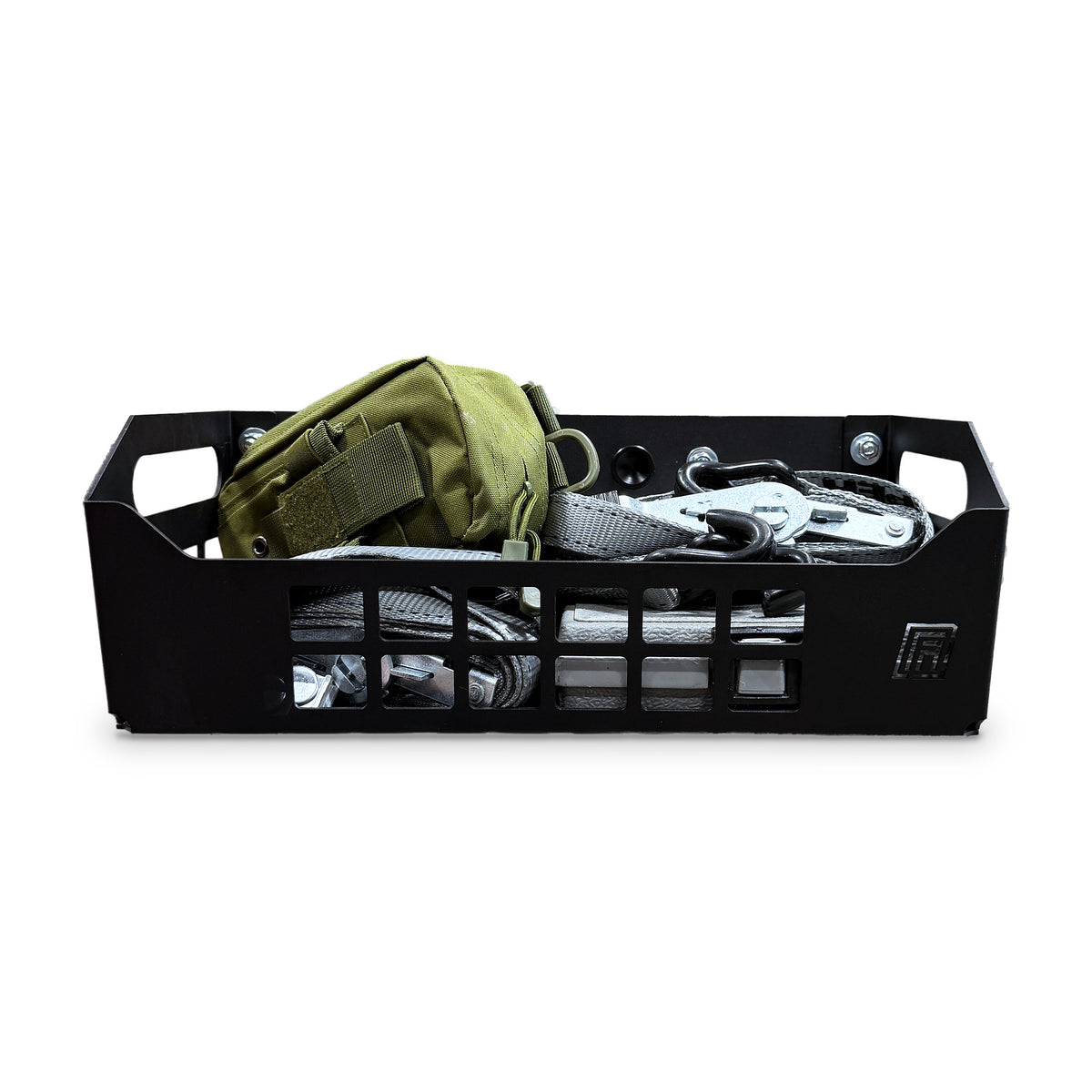 MOLLE Basket, front view, loaded with gear, on white.