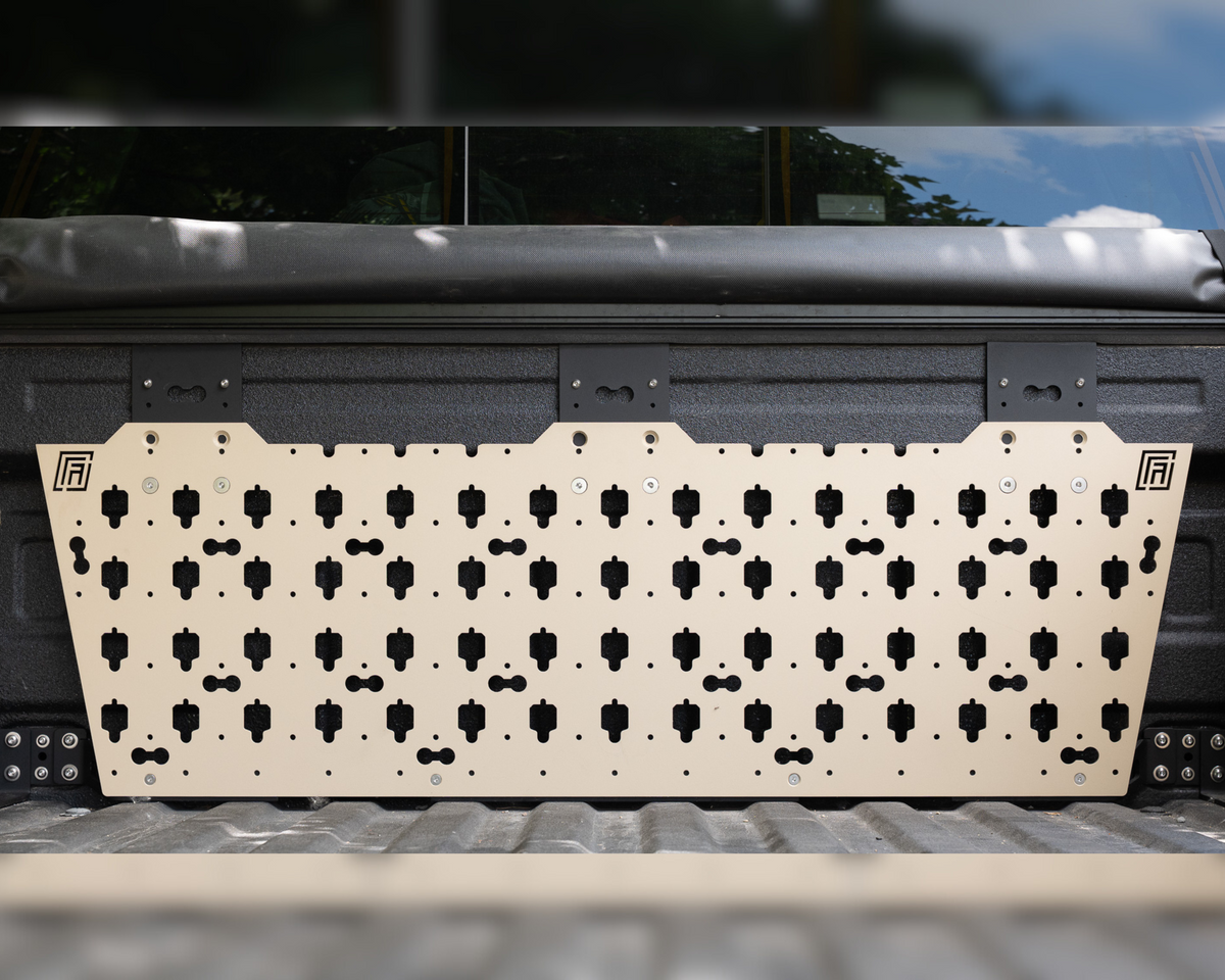 Forged Authority Tan MOBUL F-150 Header Panel, used to securely store tools and gear in your truck bed