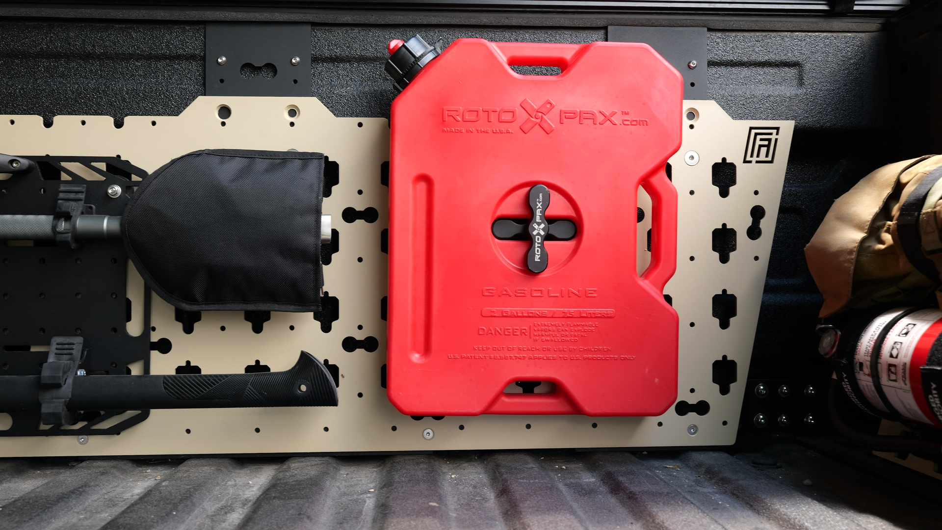 Forged Authority MOBUL F-150 Front Side Panel, used to securely store tools and gear in your truck bed, featuring a Forged Authority RotoPax Adapter for 1 Gallon RotoPax Gasoline Container.
