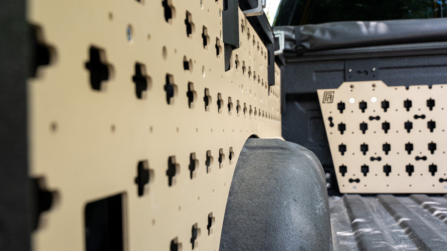 Forged Authority Tan MOBUL F-150 Side Panels, used to securely store tools and gear in your truck bed.