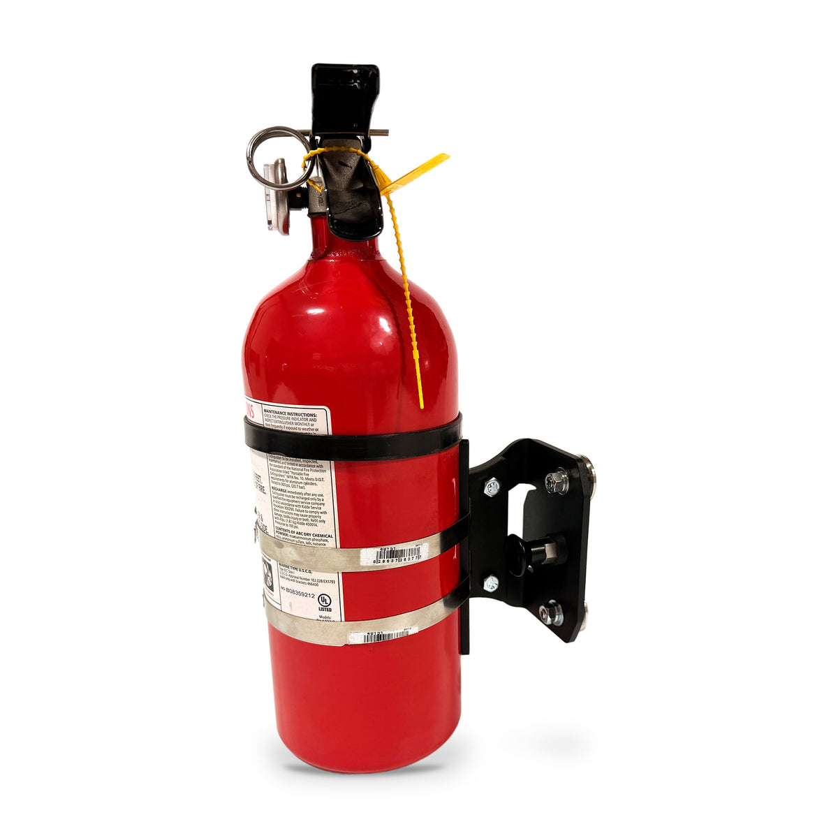 Fire Extinguisher Mount, side view holding a 2.5 lb extinguisher, on white.