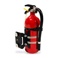 Fire Extinguisher Mount, rear 3/4 view holding a 5 lb extinguisher, on white.