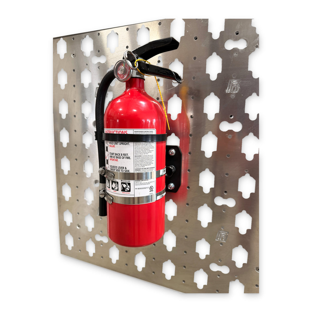 Fire Extinguisher Mount, front view with extinguisher on a MOBUL panel.