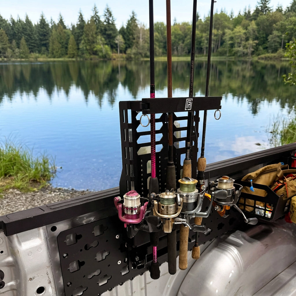 MOBUL Fishing Rod Holder, holding rods and reels on a MOBUL panel in a truck bed.