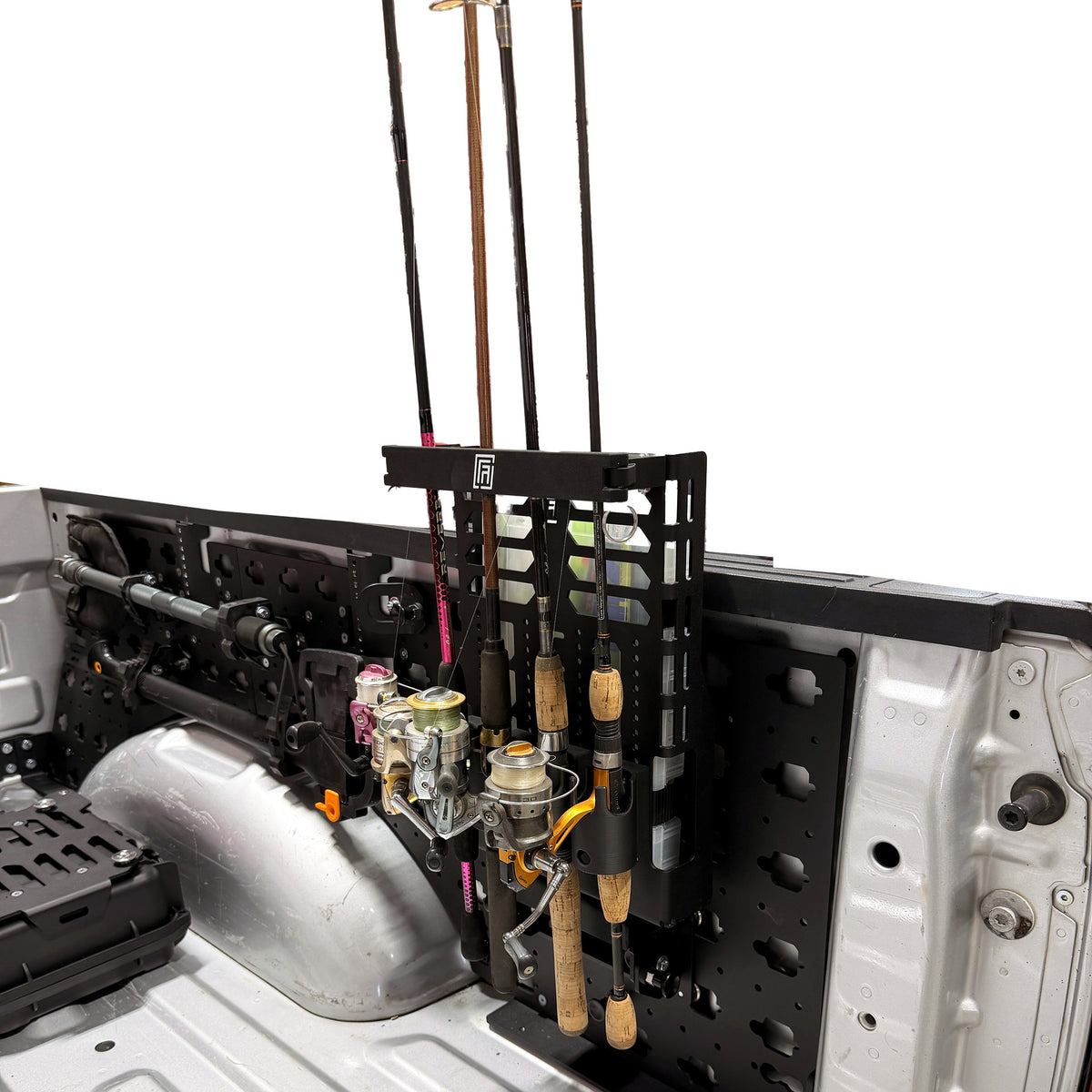 MOBUL Fishing Rod Holder, holding rods upright on a MOBUL panel in a truck bed.