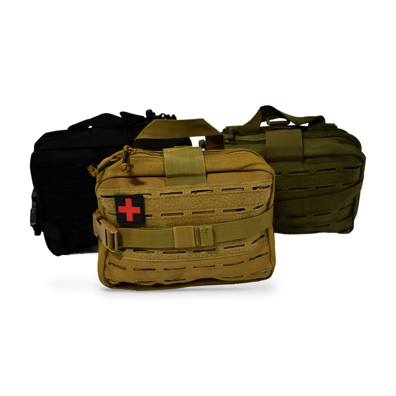 MOLLE Bag, black, tan and green colors, on white.
