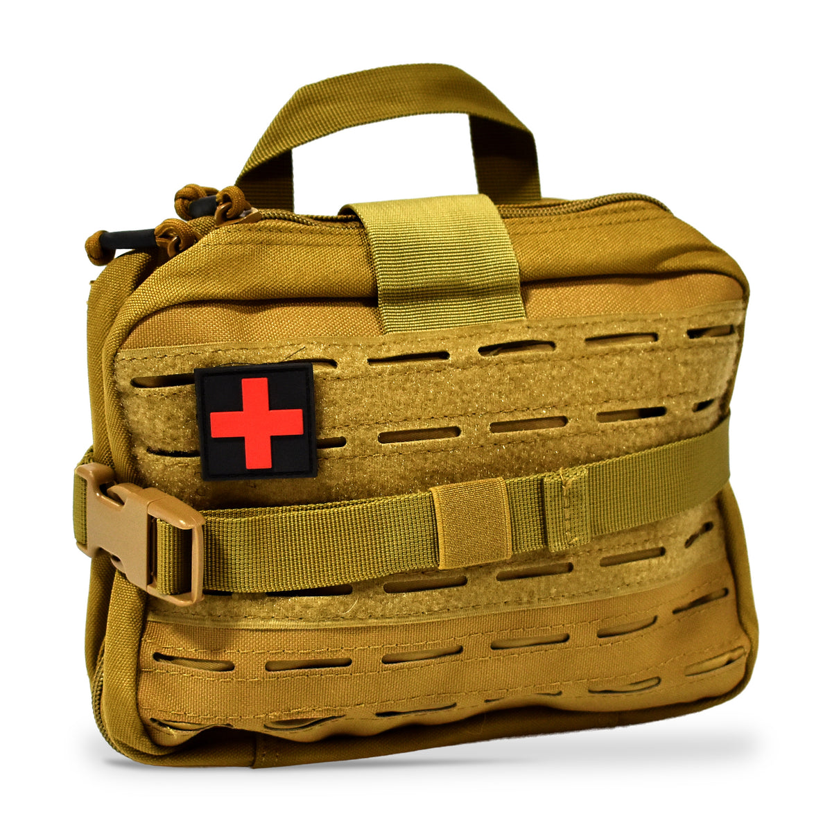 MOLLE Bag, tan, front 3/4 view with red cross patch, on white.